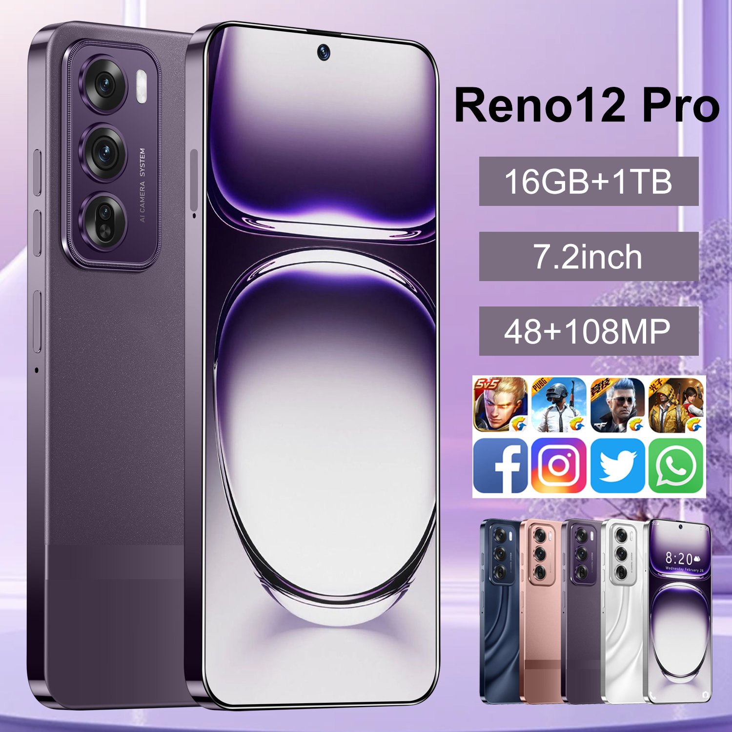 Good quality Unlocked 7.3inch Reno 12 pro 16GB+1TB 5g Smartphone Screen Android 13.0 3g&4g smartphone Face Unlock